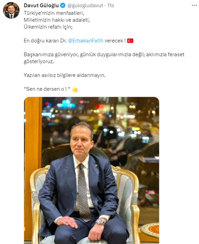 davut guloglu yeniden refah partisi nin mkyk toplantisindan bildirdi erbakan ne derse o